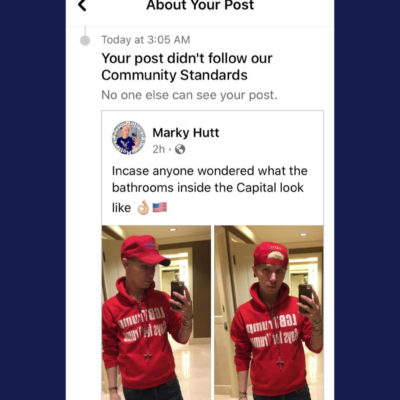 Hutt posted this screenshot online to a limited audience on Facebook after the social network hid his initial post of selfies taken in the U.S. Capitol's bathrooms.