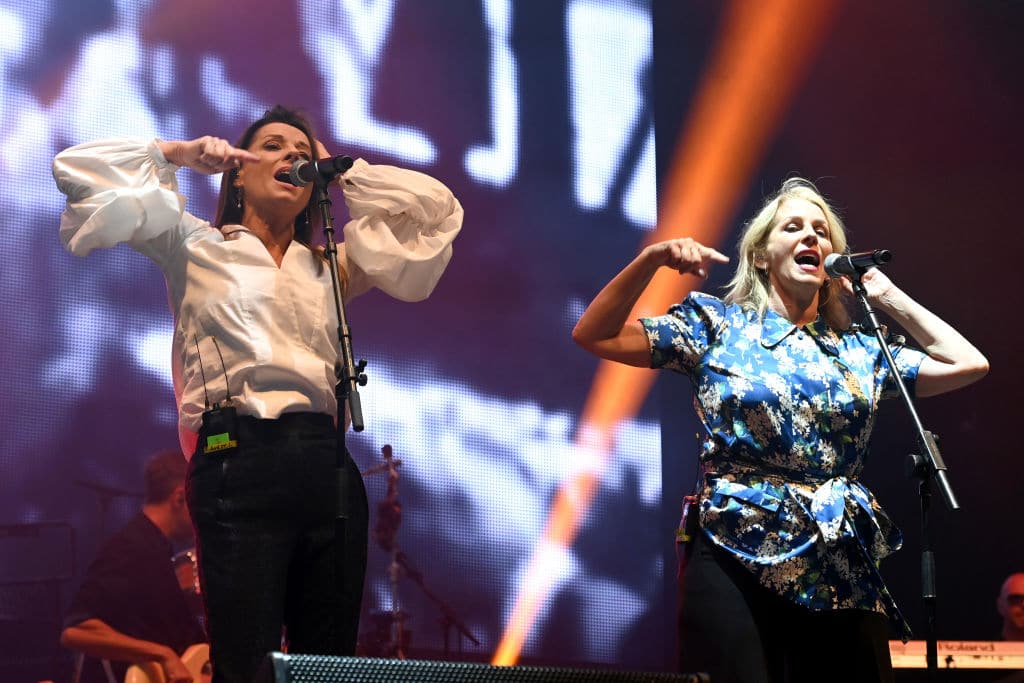 Keren Woodward and Sara Dallin of Bananarama perform during the Rewind South Festival at Temple Island Meadows on August 22, 2021. 